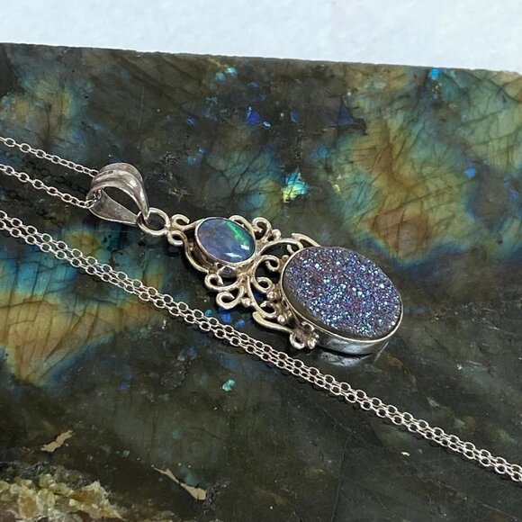 Sterling Silver 925 Oval Opal Titanium Druzy Scrollwork Pendant Necklace 18" - Picture 16 of 16